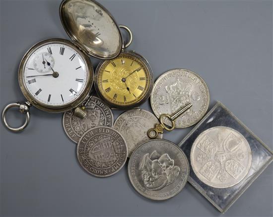 Two silver pocket watches and mixed coins.